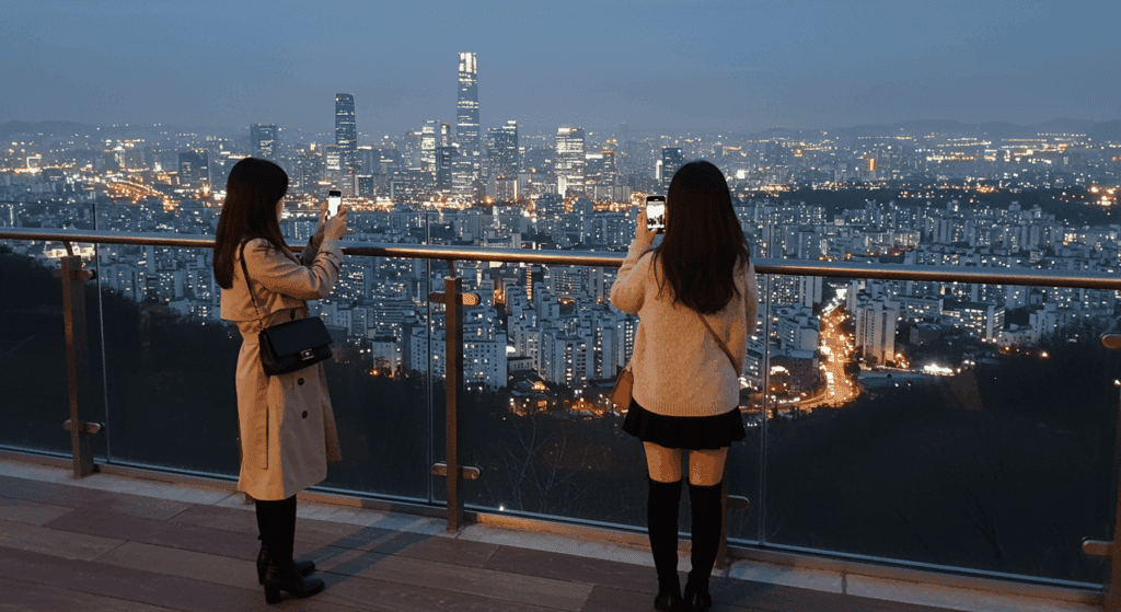 비오는날 국내 야경 구경 중인 두 여성