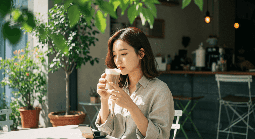린네 셔츠 착용후 커피 마시는 여성