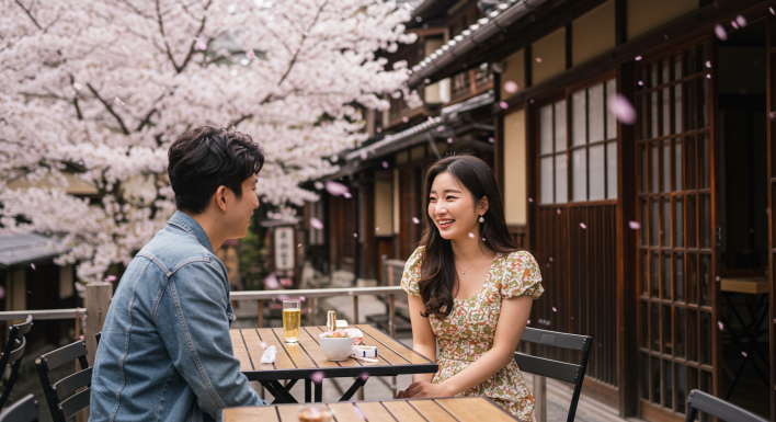 일본 여행 하면서 일본 사람과 대화중인 한국 20대 여성 
