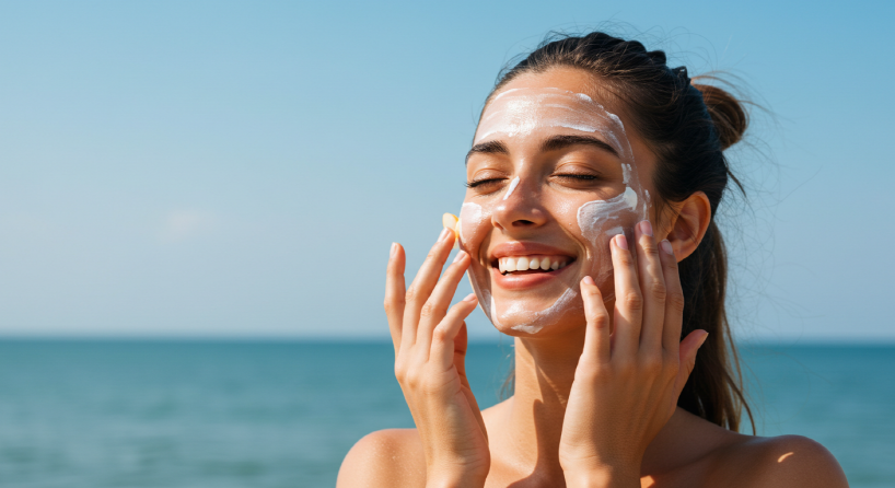 A vibrant, sunny beach scene with a woman happily applying sunscreen to her face, a clear blue sky, and healthy-looking skin with a glow. Focus on the feeling of protection and joy. Terracotta and light grey color palette.
